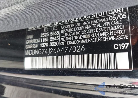 2006 Mercedes-Benz S 55 Amg из США, поврежденный, VIN WDBNG74J26A477026